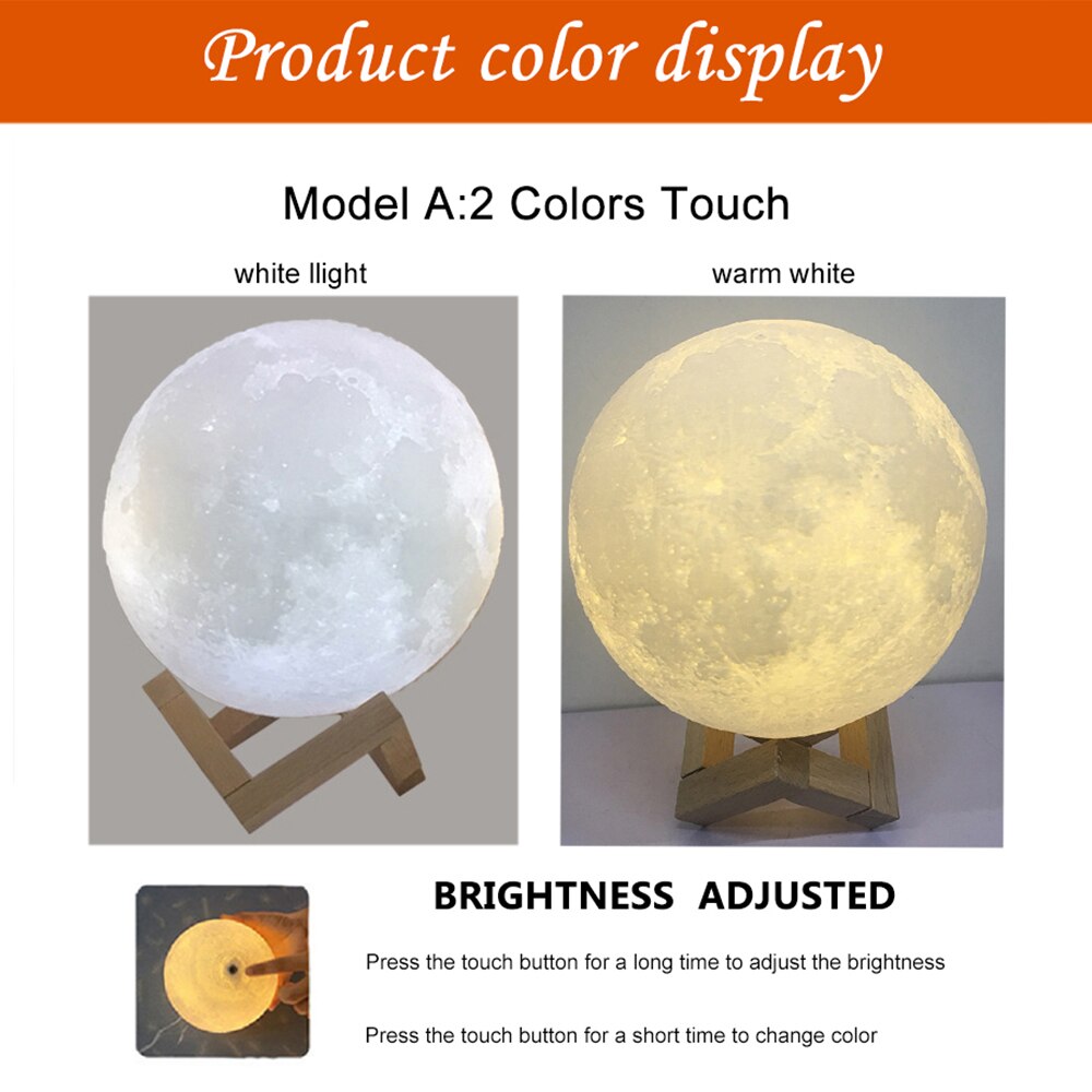3D Print Moon Lamp Colorful Change USB Rechargeable Moon Light Touch Switch LED Night Light Bedroom Decoration Birthday Gift