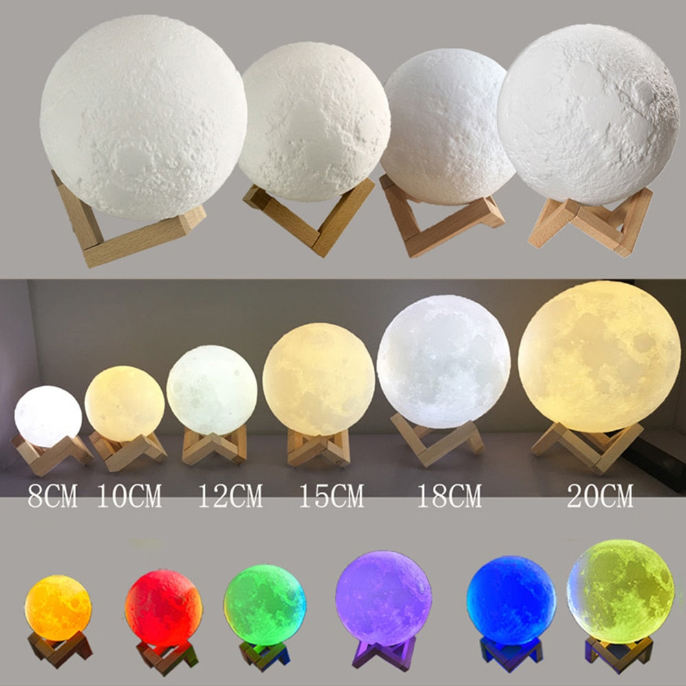 3D Print Moon Lamp Colorful Change USB Rechargeable Moon Light Touch Switch LED Night Light Bedroom Decoration Birthday Gift