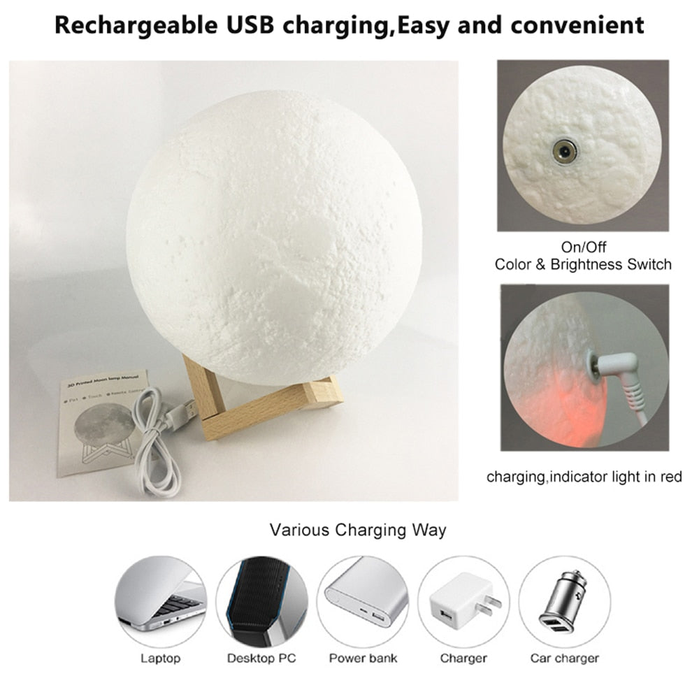 3D Print Moon Lamp Colorful Change USB Rechargeable Moon Light Touch Switch LED Night Light Bedroom Decoration Birthday Gift